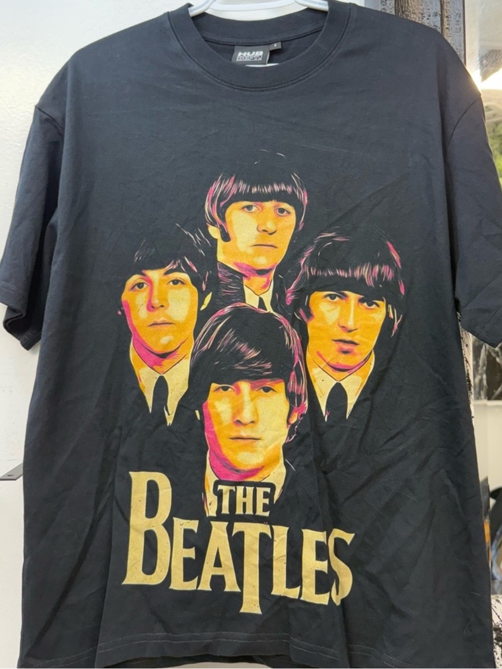 The Beatles artist rock band tee Black Tee with Yellow & Pink Portrait Print - Picture 1 of 4